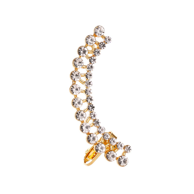 Gold-toned crystal butterfly flower rhinestone ear cuff featuring a row of clear sparkling rhinestones in an elegant curved design.