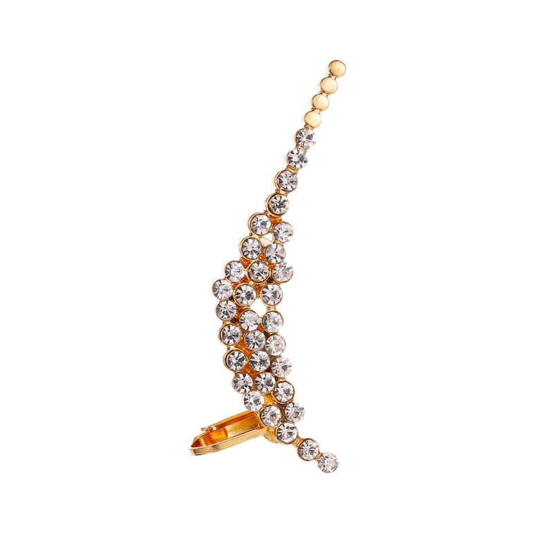 Gold-toned crystal butterfly flower ear cuff adorned with cascading clear rhinestones and capped by three small spherical beads.