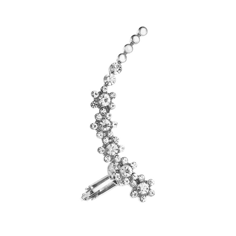 Silver rhinestone ear cuff with curved design and floral patterns featuring crystal butterfly flower accents.