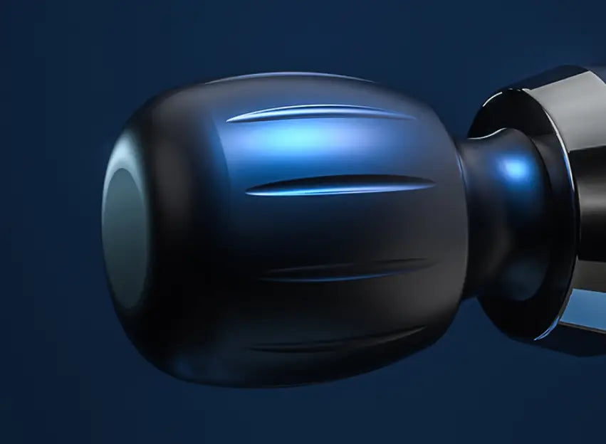 adjustable handheld muscle fitness equipment featuring a black glossy plastic drill bit with a textured grip and blue accent lighting designed for enhanced muscle fitness.
