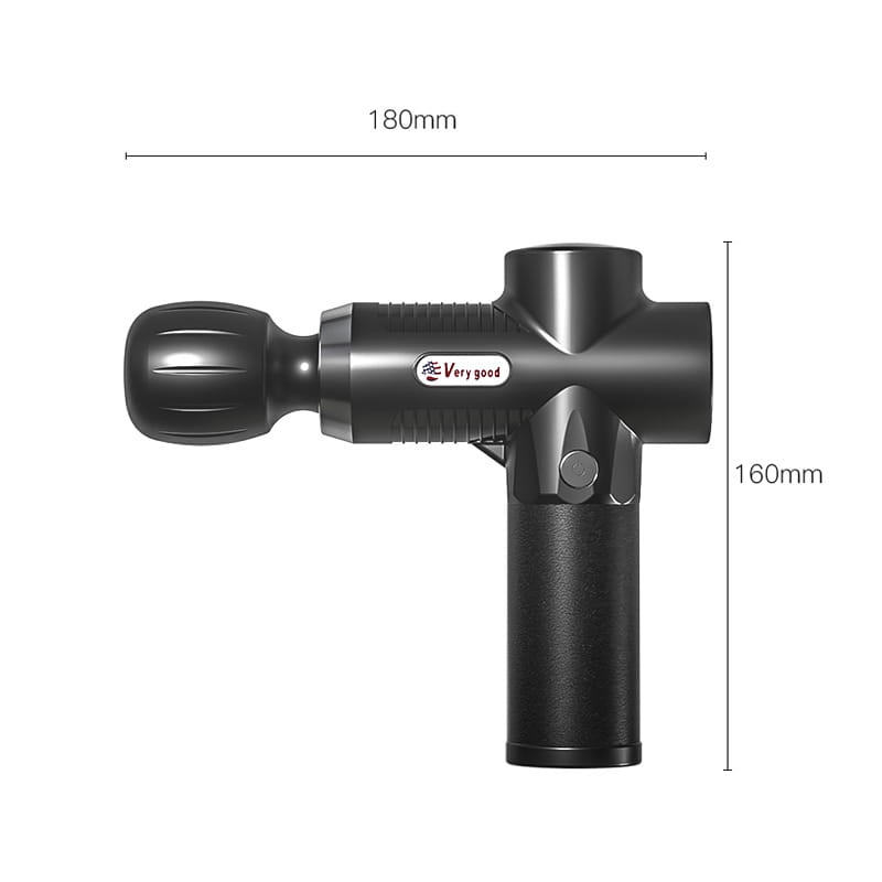 black handheld massage gun with textured grip and ergonomic design as adjustable muscle fitness equipment for effective muscle fitness and recovery.