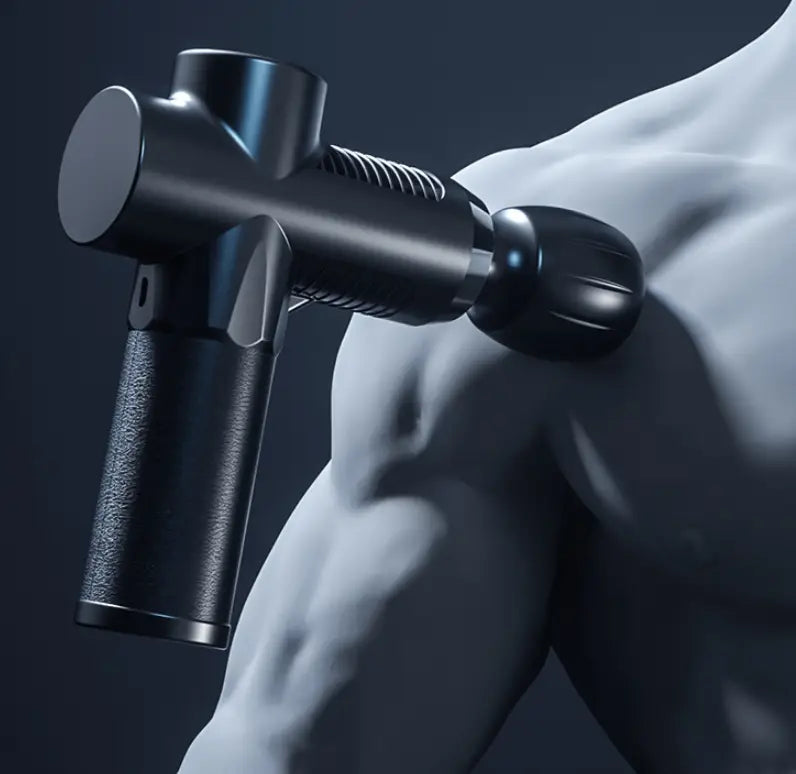 Black handheld massage gun with textured grip and adjustable head designed as muscle fitness equipment for targeted muscle recovery and relief.
