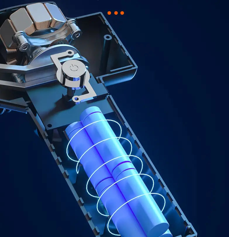 blue cylindrical batteries housed within a metallic mechanical casing of adjustable handheld muscle fitness equipment designed for muscle fitness and strength training