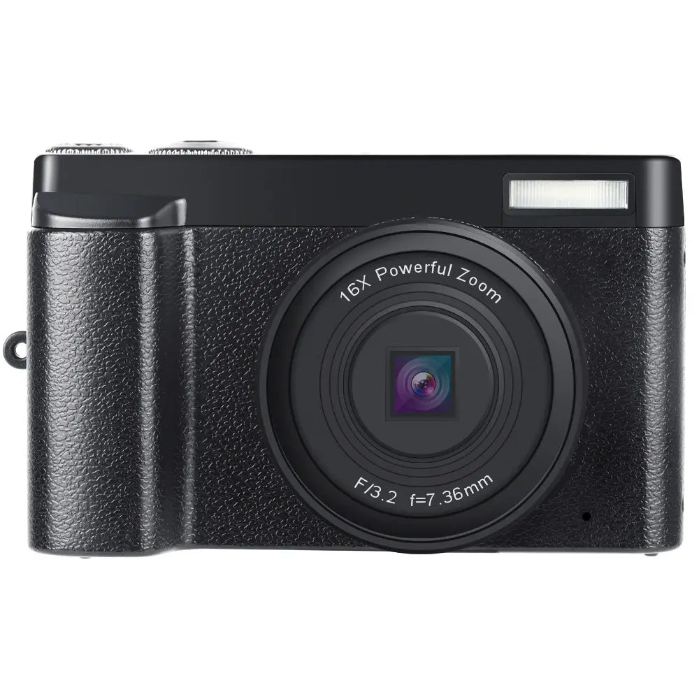 black compact wifi slr camera digital with textured grip and 16x powerful zoom lens featuring a flip screen for versatile shooting.