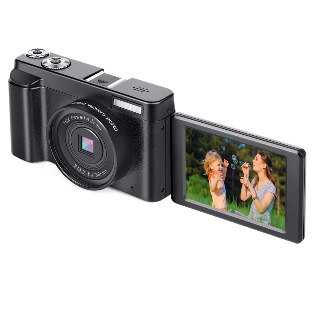 black wifi slr camera digital with 16x powerful zoom lens and articulated lcd flip screen displaying photo of woman blowing bubbles with child