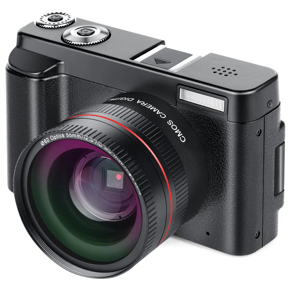 black wifi slr camera digital with a prominent lens featuring red accents and engraved specifications for high-resolution photography and a flip screen for versatile shooting angles