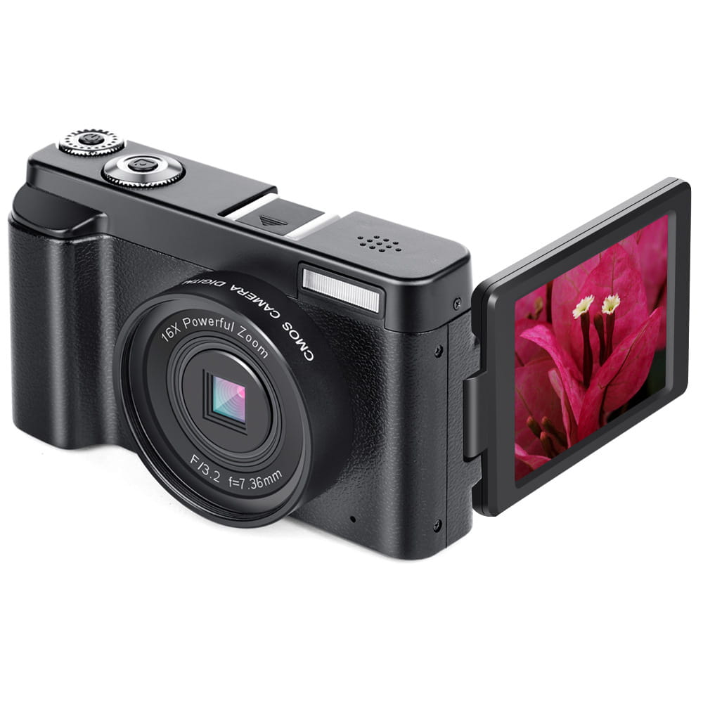 Black wifi slr camera digital with a flip screen showing a pink flower, featuring 16x powerful zoom and an f/3.2 lens.