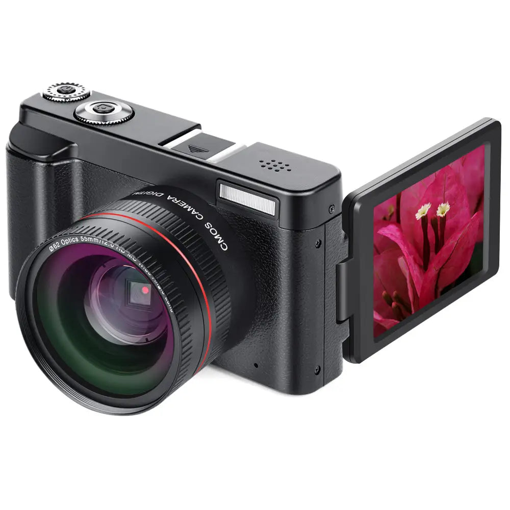 Black compact wifi slr camera digital with a flip screen displaying a vibrant pink flower, featuring a red-ringed lens and textured grip on the back side.