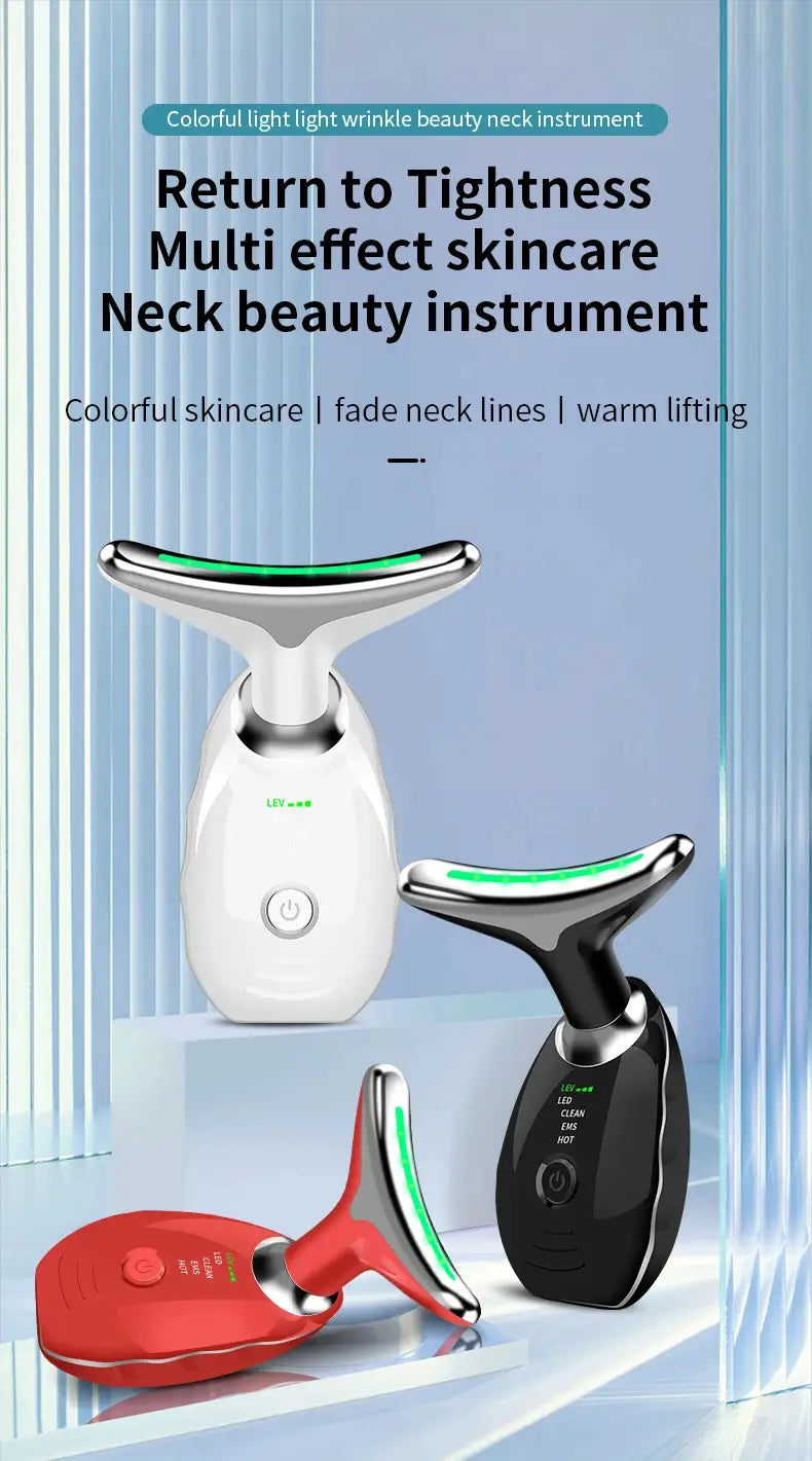 white and black sleek neck face beauty device with glowing green LED light strip for wrinkle removal