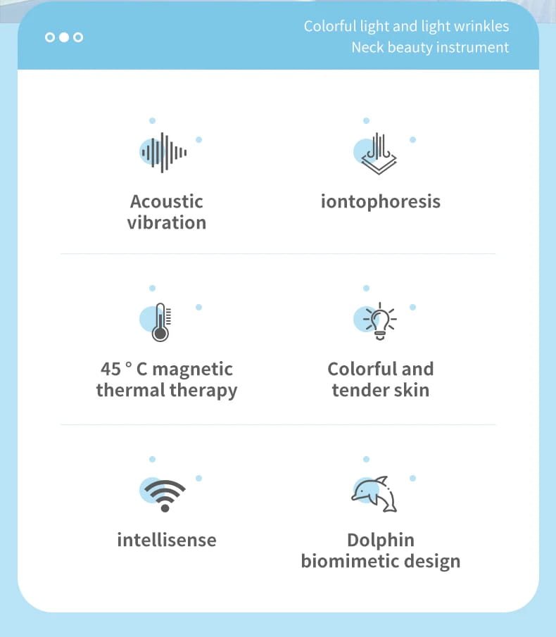 Neck face beauty device with colorful led light, acoustic vibration, iontophoresis, 45°c magnetic thermal therapy, and dolphin biomimetic design for wrinkle removal and skin care.