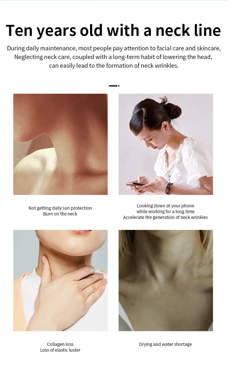 A woman wearing a white blouse with short sleeves and her hair tied back holds a smartphone while using a neck face beauty device led wrinkle remover with colorful led lights.