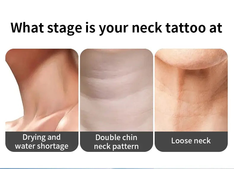 the image shows three stages of neck tattoo healing including drying and water shortage double chin neck pattern and loose neck, illustrating the effectiveness of the neck face beauty device led wrinkle remover in enhancing skin condition.