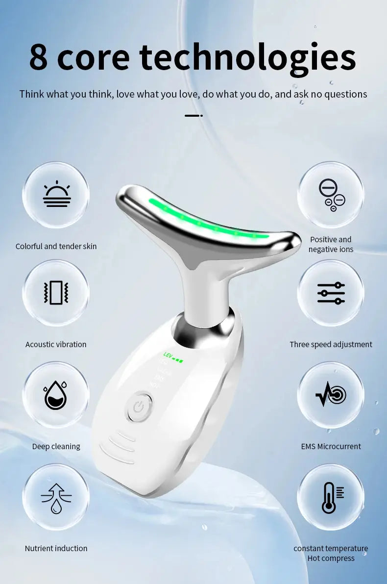 white and silver neck face beauty face beauty device with a sleek ergonomic design featuring a glowing green led strip along the curved head for wrinkle removal