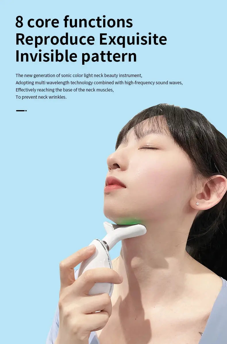 white handheld neck face beauty device with curved applicator head emitting green LED light for wrinkle removal and colorful skin treatment