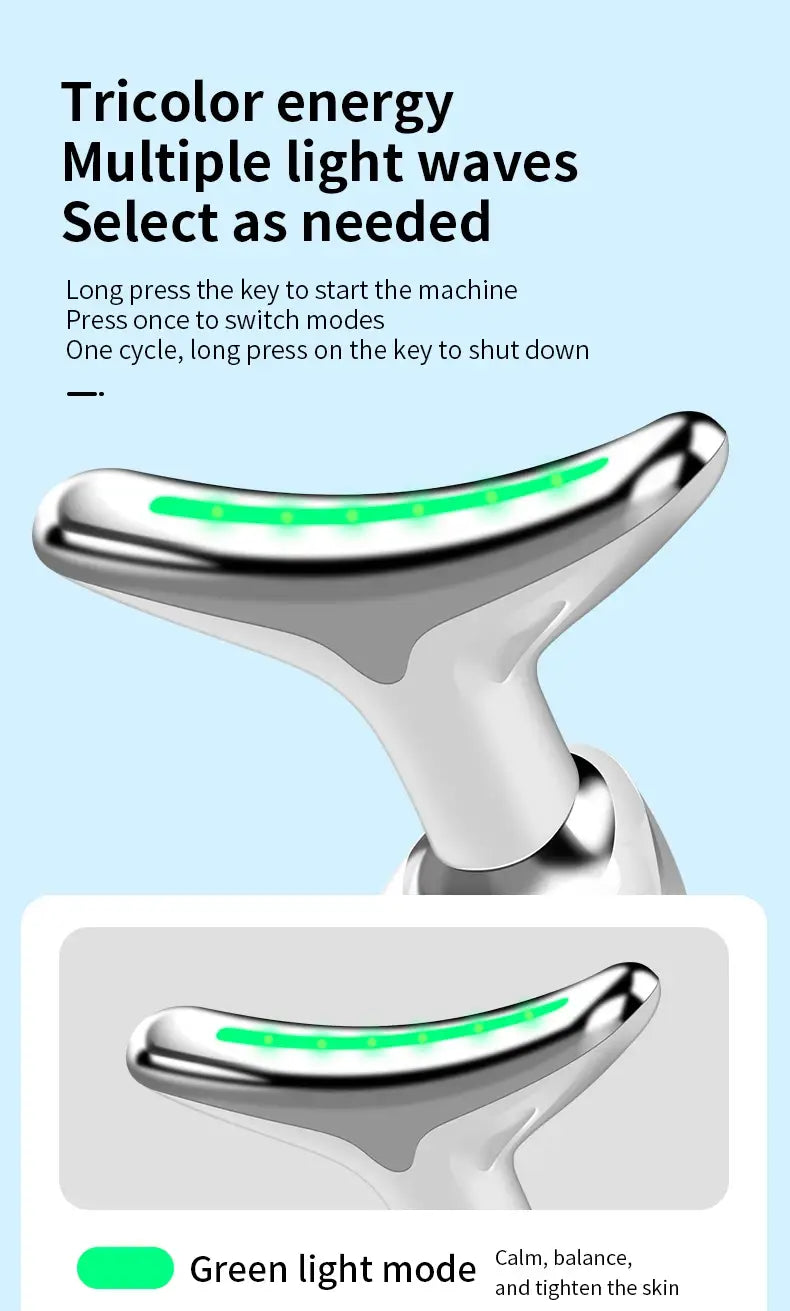 Silver-toned neck face beauty device with a sleek curved design and an illuminated green light strip for LED wrinkle removal.