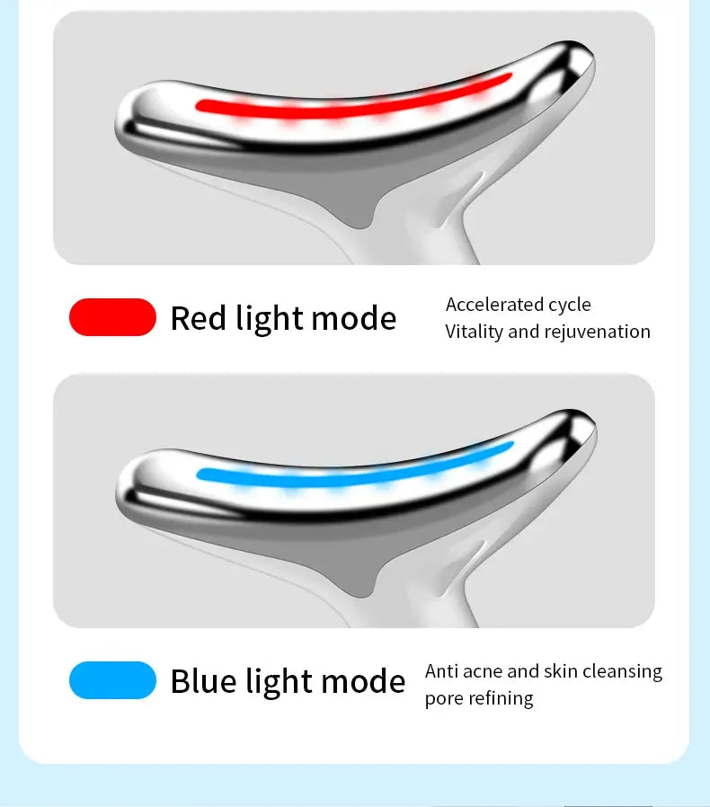Silver-toned neck face beauty device featuring red and blue light therapy modes for skin rejuvenation and acne treatment as a colorful face beauty device wrinkle remover.