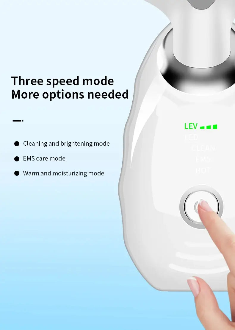 White plastic neck face beauty device with a circular button and green led indicator labeled lev for three speed modes in a face beauty device led wrinkle remover