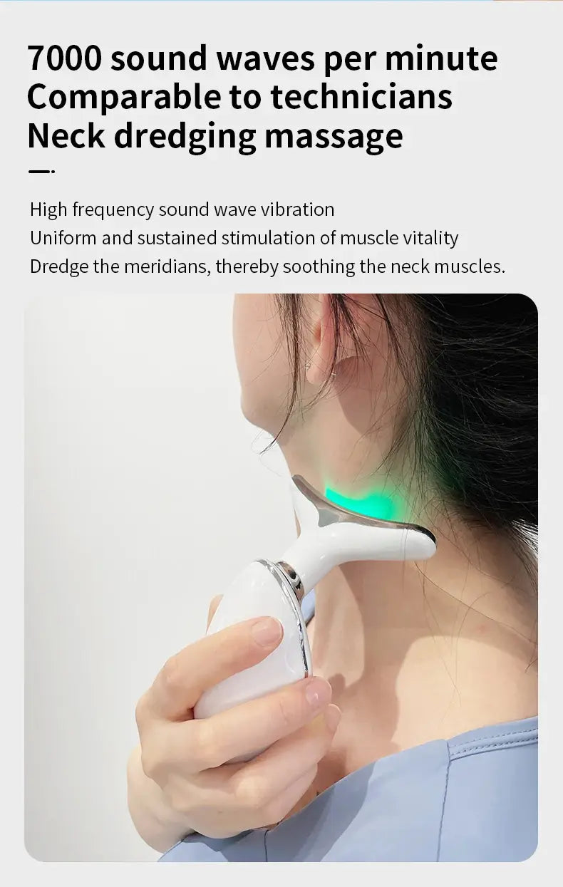White handheld neck face beauty device with sleek ergonomic design and glowing green light tip for LED wrinkle removal.
