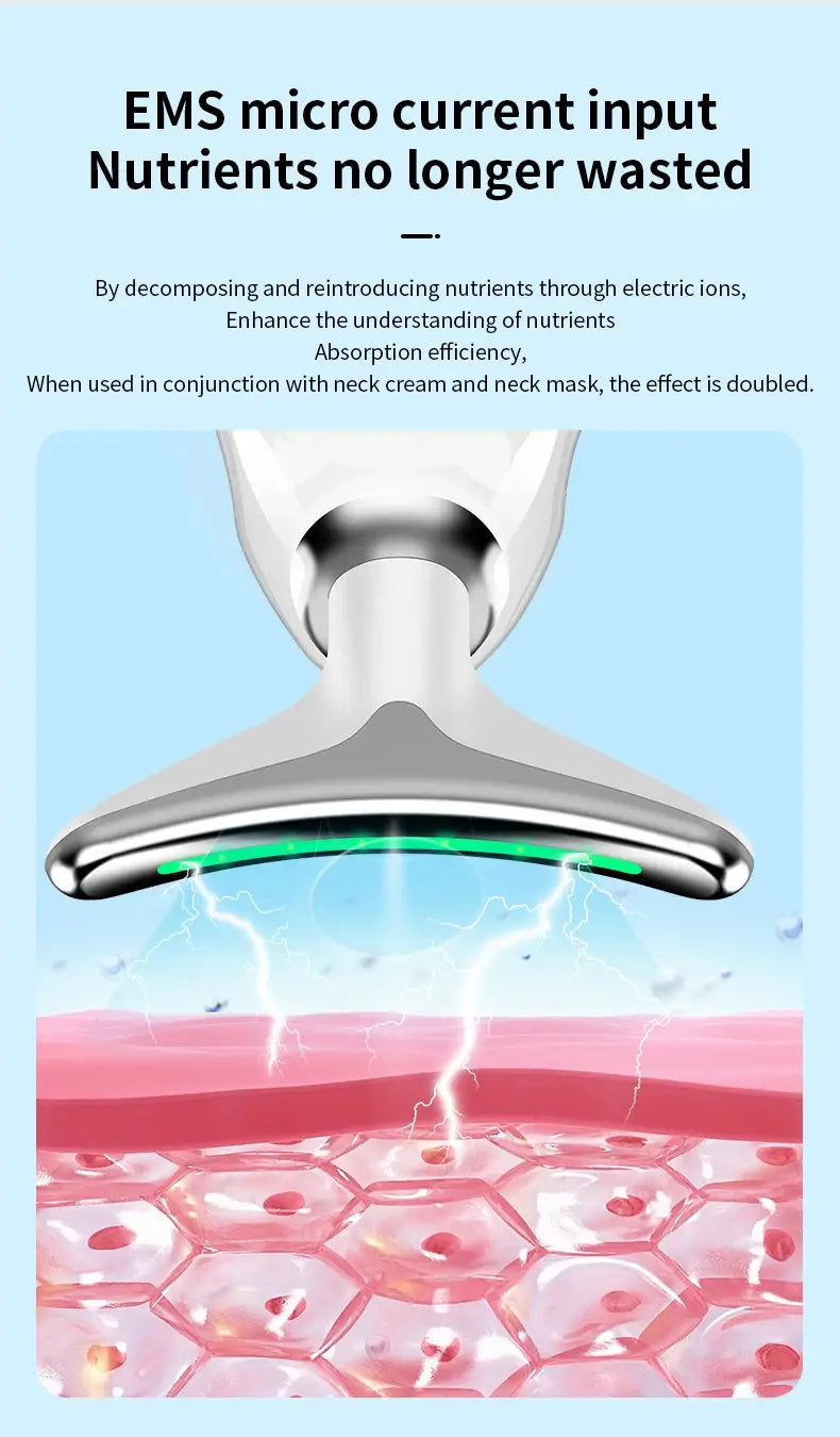 Silver-toned ems microcurrent neck face beauty device with a sleek curved design and glowing green led strip for wrinkle removal.
