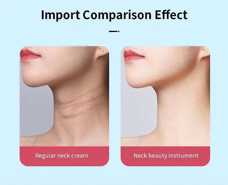The image compares the effects of regular neck cream and the neck face beauty device LED wrinkle remover on skin texture, highlighting improved smoothness and firmness with the colorful beauty device.
