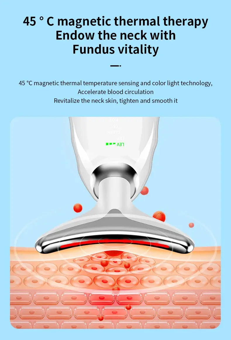 white and silver magnetic thermal neck face beauty device with a sleek curved design for wrinkle removal and skin care