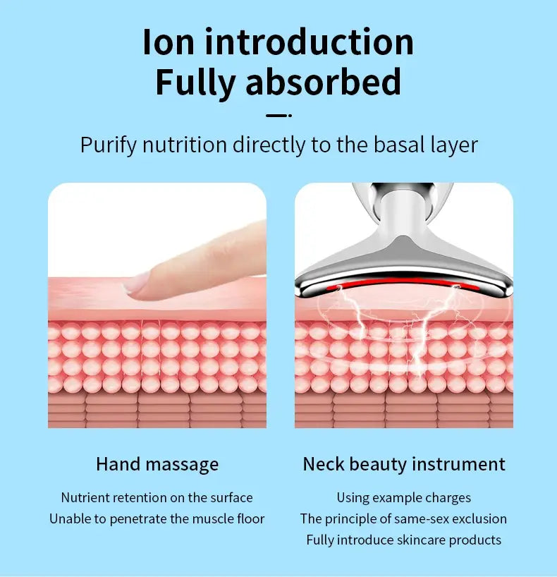 Silver-toned ion neck face beauty device with sleek curved design and LED wrinkle remover for neck and hand massage.