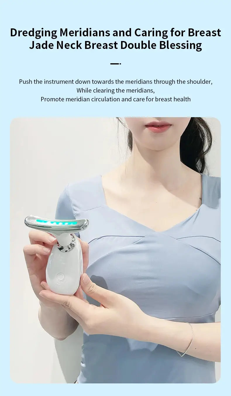 A sleek white jade neck face beauty device with a silver metallic handle and blue led lights along the curved edge designed for wrinkle removal.