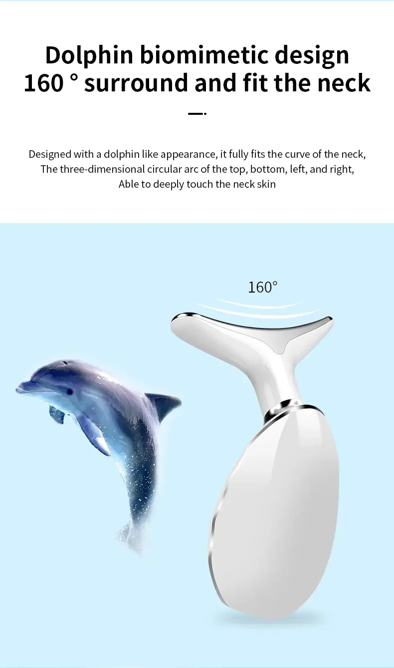 White dolphin-shaped neck face beauty device with a sleek smooth surface and metallic accents for LED wrinkle removal and face beauty care