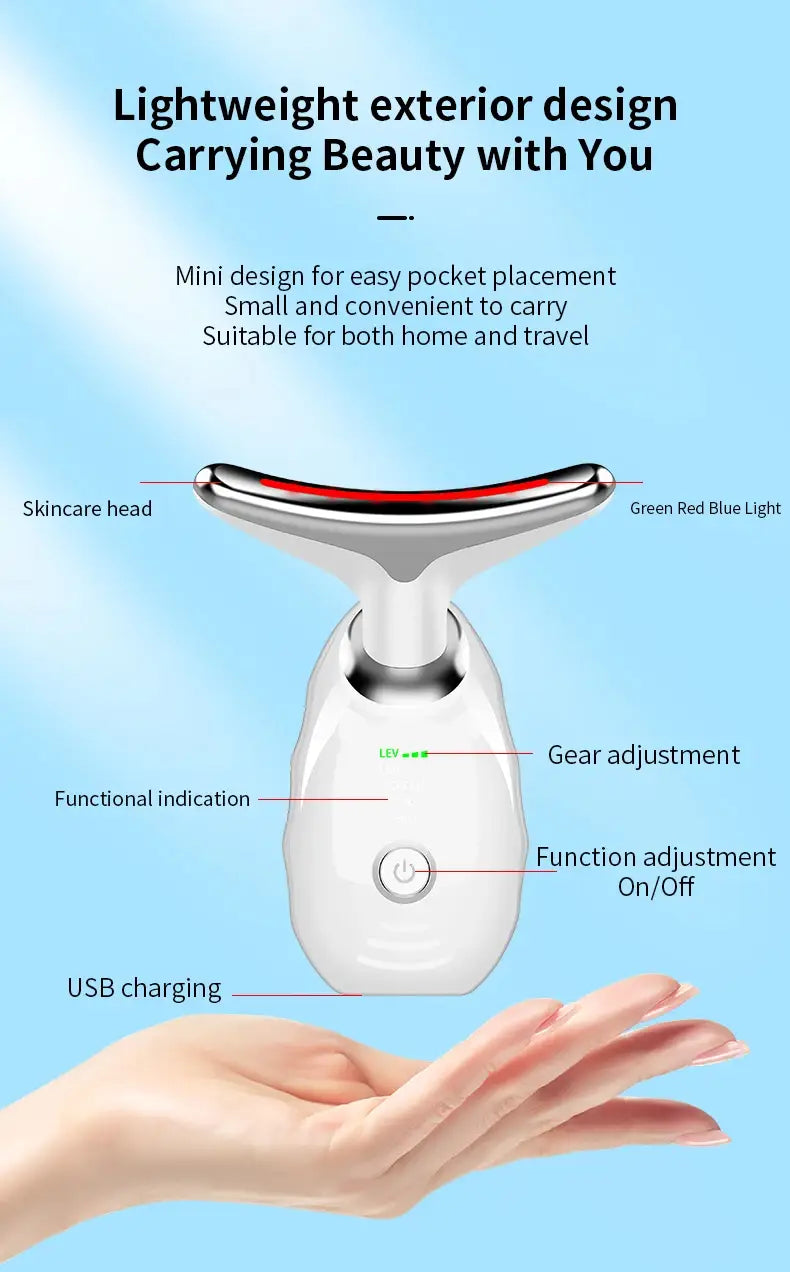 White and silver neck face beauty device with a sleek lightweight design and colorful green red and blue LED lights for wrinkle removal.