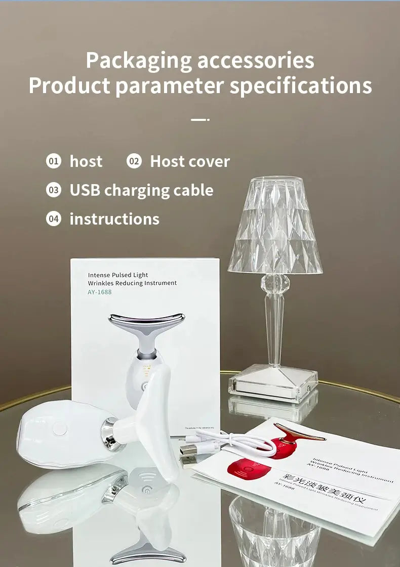 White and silver handheld intense pulsed light neck face beauty device with a sleek ergonomic design for wrinkle removal in a face beauty device colorful style.