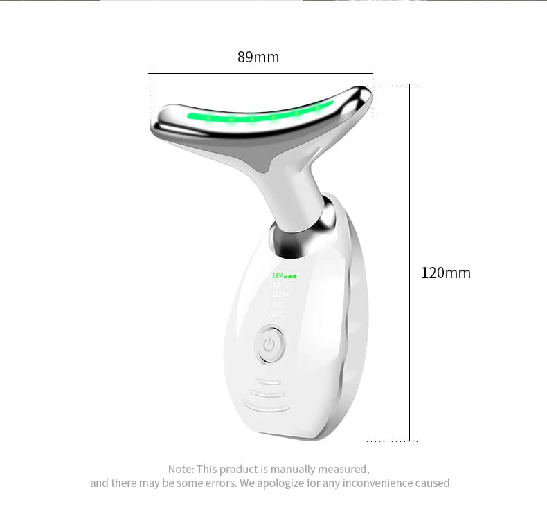 Silver and white neck face beauty device with a curved glowing green LED strip on the top headpiece for wrinkle removal and facial massage.