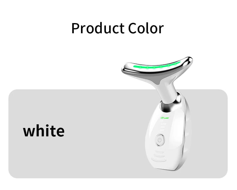 White neck face beauty device with a sleek curved metallic head and glowing green LED strip designed for wrinkle removal and facial slimming.