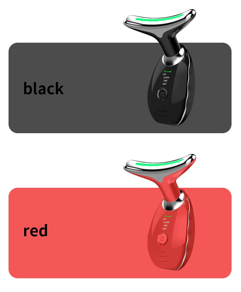 Black or red led neck face beauty device with sleek metallic handle and curved head designed as a colorful face beauty device for wrinkle removal.