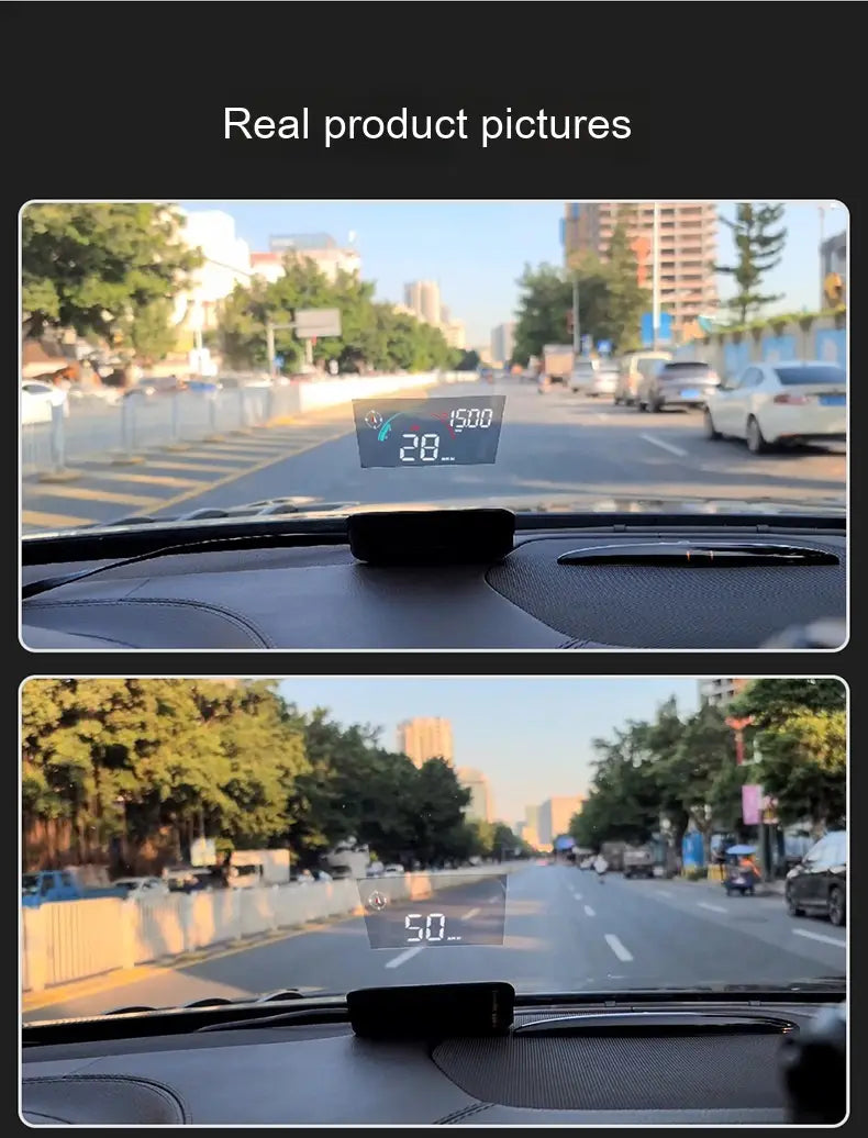 a sleek black digital head-up display car gps universal speed projector mounted on a dashboard for clear navigation and speed information