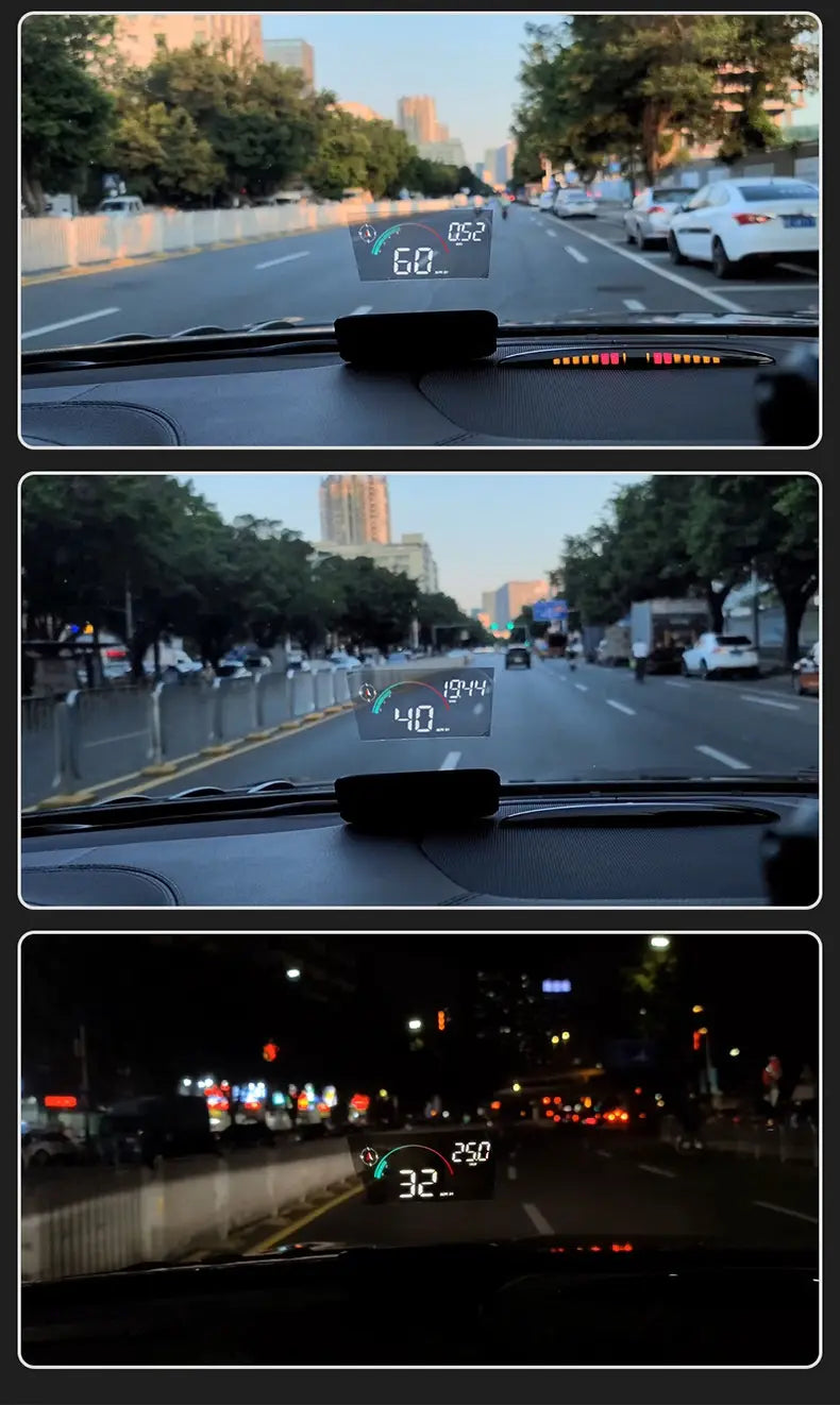 Silver metallic display car gps universal speed hd projector features a transparent holographic head-up display mounted on a car dashboard projecting speed and time information onto the windshield.