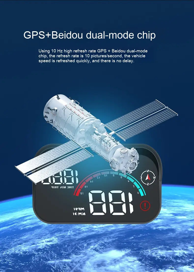 silver metallic display car gps universal speed hd projector featuring a black digital dashboard with white led numbers and a speedometer equipped with gps plus beidou dual-mode chip technology