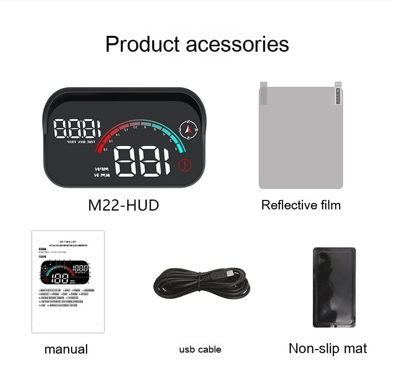 black m22-hud digital display car gps with silver metallic casing showing illuminated universal speedometer and tachometer readings for car gps universal speed use