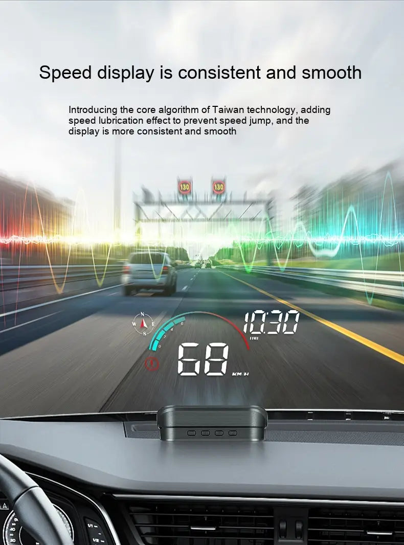 black rectangular head-up display car gps universal speed projector unit mounted on a car dashboard with a silver metallic finish