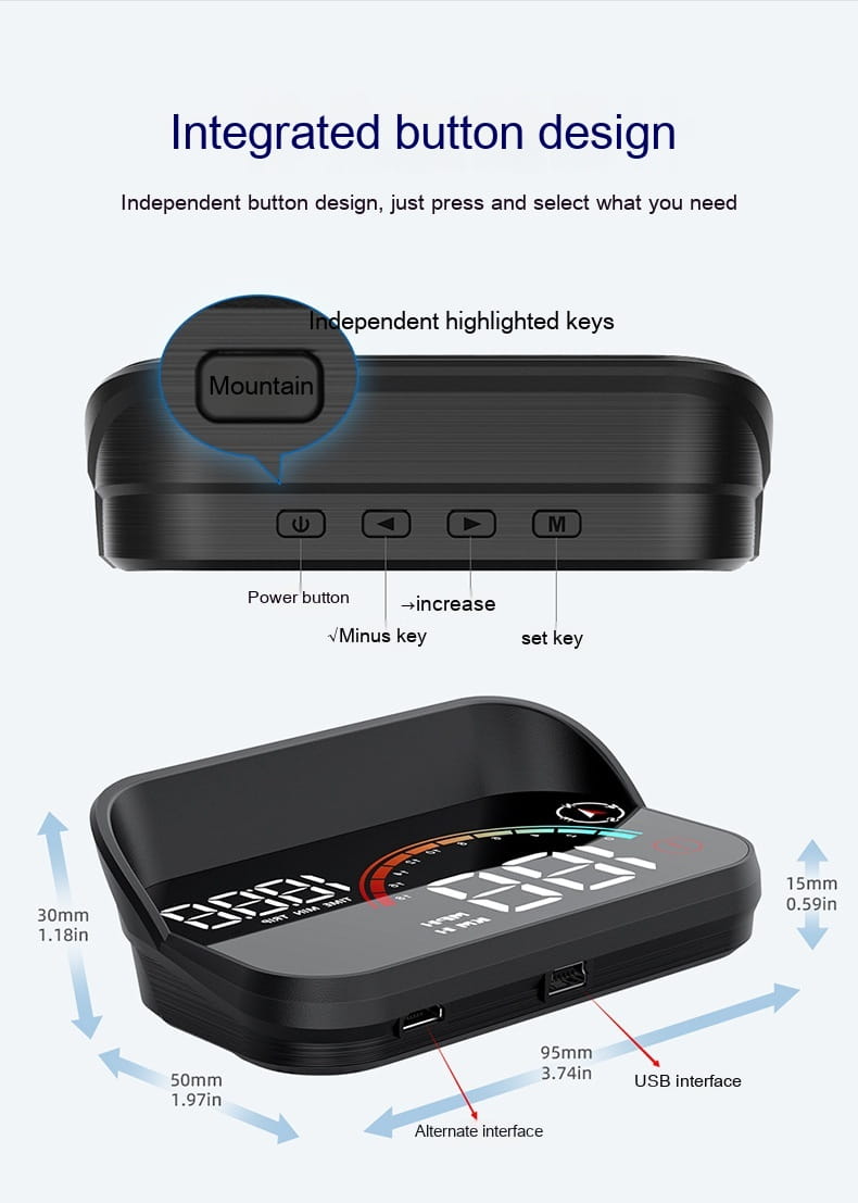 Black digital head-up display with illuminated buttons and clear screen for navigation in a silver metallic display car gps universal speed hd projector.