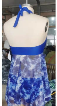 Blue tie dye halter bikini swimsuit for women featuring a solid blue band at the waist ideal for European and American suit styles.