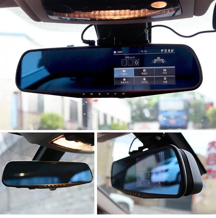Black dual lens rearview mirror camera with integrated touchscreen display and rear night vision for clear reversing image in low light conditions
