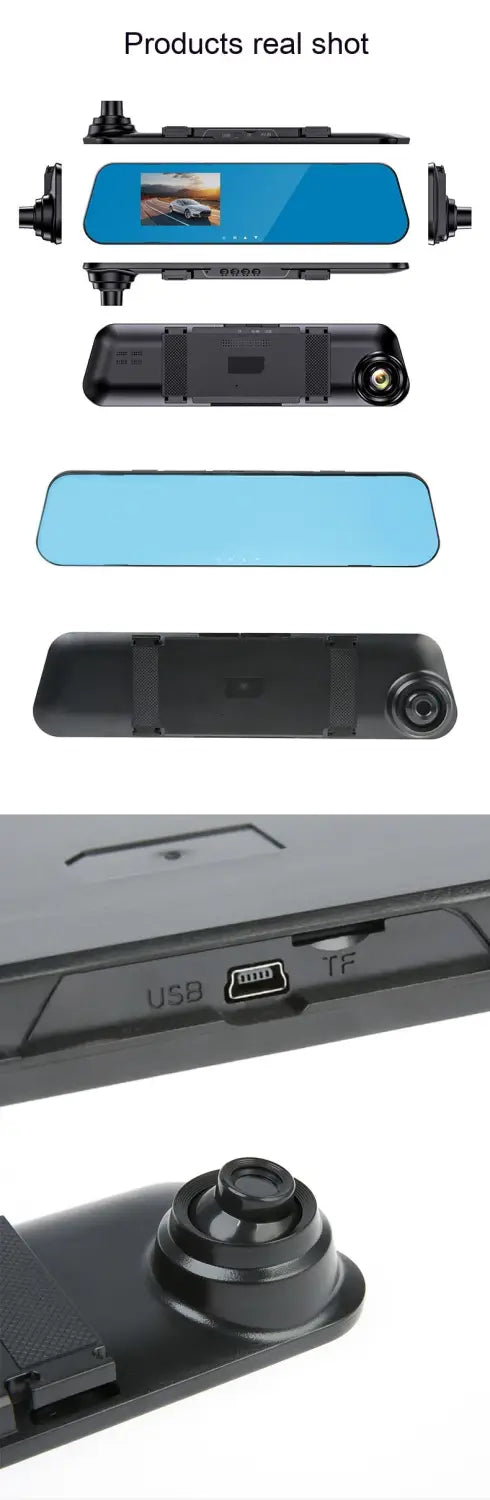 black dual lens rearview mirror camera showing the back side with blue display screen and usb tf card slots for reversing image and rear night vision use