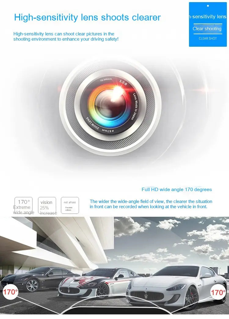 A sleek circular metallic camera lens with rainbow-colored optical elements designed for dual lens rearview mirror camera with rear night vision and reversing image capabilities.
