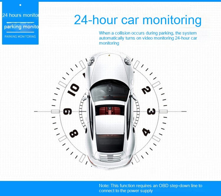 top-down view of a white car with red interior seats surrounded by a clock face design illustrating the dual lens rearview mirror camera with rear night vision for enhanced reversing image and night vision functionality.