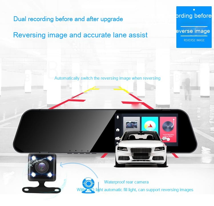 Black dual lens rearview mirror camera with integrated touchscreen display and separate waterproof rear camera showing reversing image and rear night vision capabilities.
