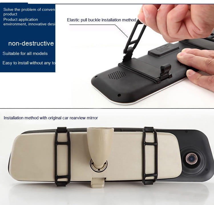 black dual lens rearview mirror camera with elastic pull buckle mount beige clamp straps shown from the back side designed for rear night vision and reversing image capabilities