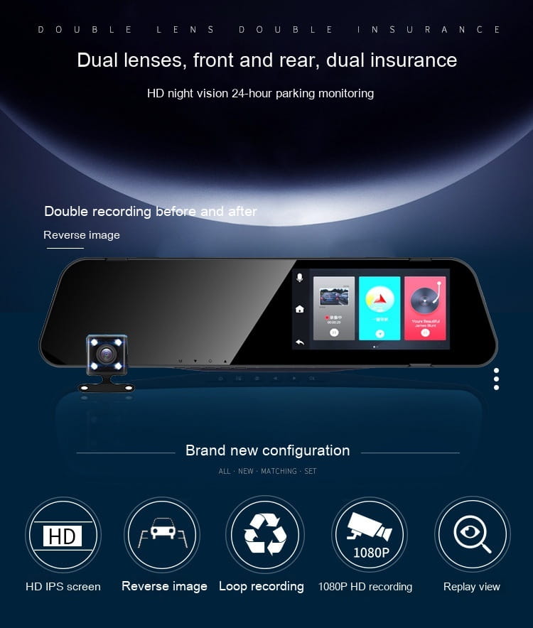 black dual-lens rearview mirror camera with hd touchscreen display featuring rear night vision and reversing image capabilities