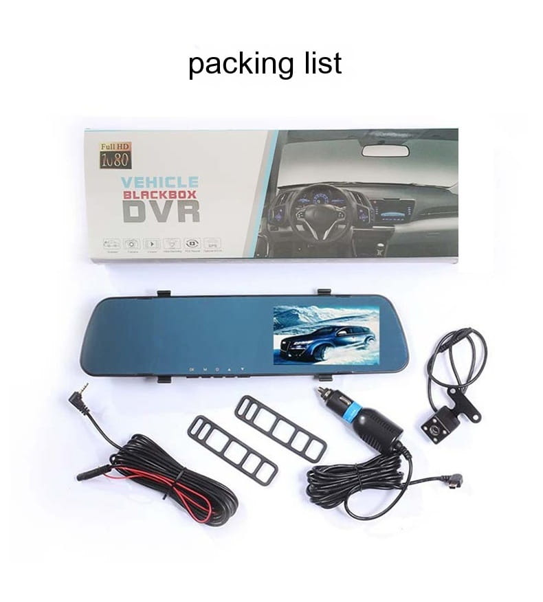 blue rectangular dual lens rearview mirror camera with integrated screen displaying a reversing image of a car, black mounting brackets, and cables, featuring rear night vision for enhanced night driving safety