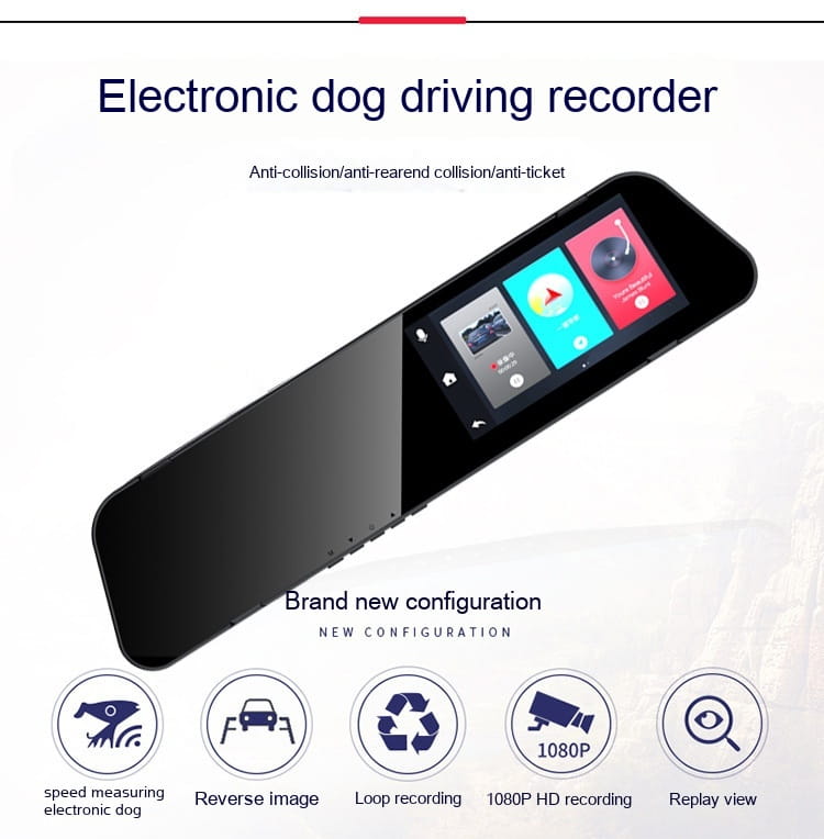 black electronic dog dual lens rearview mirror camera with sleek slim design and touchscreen interface showing rear night vision for reversing image.