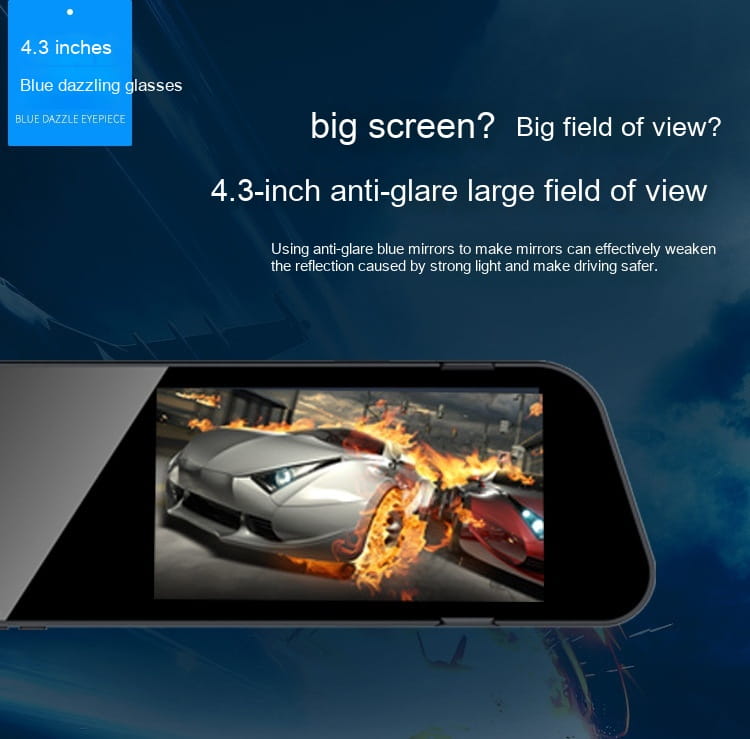 4.3-inch dual lens rearview mirror camera with blue dazzling glasses and anti-glare coating featuring a large field of view display showing an action-packed scene, equipped with rear night vision for enhanced reversing image clarity.
